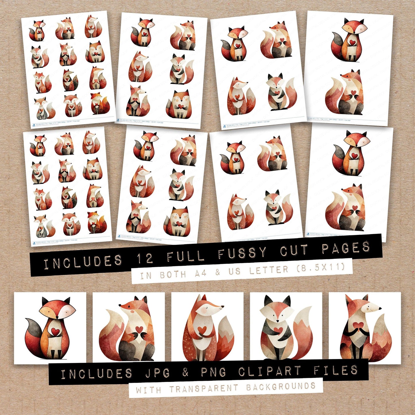 Full collection view of Minimal Fox Love fussy cut sheets with bonus clipart JPG and PNG files