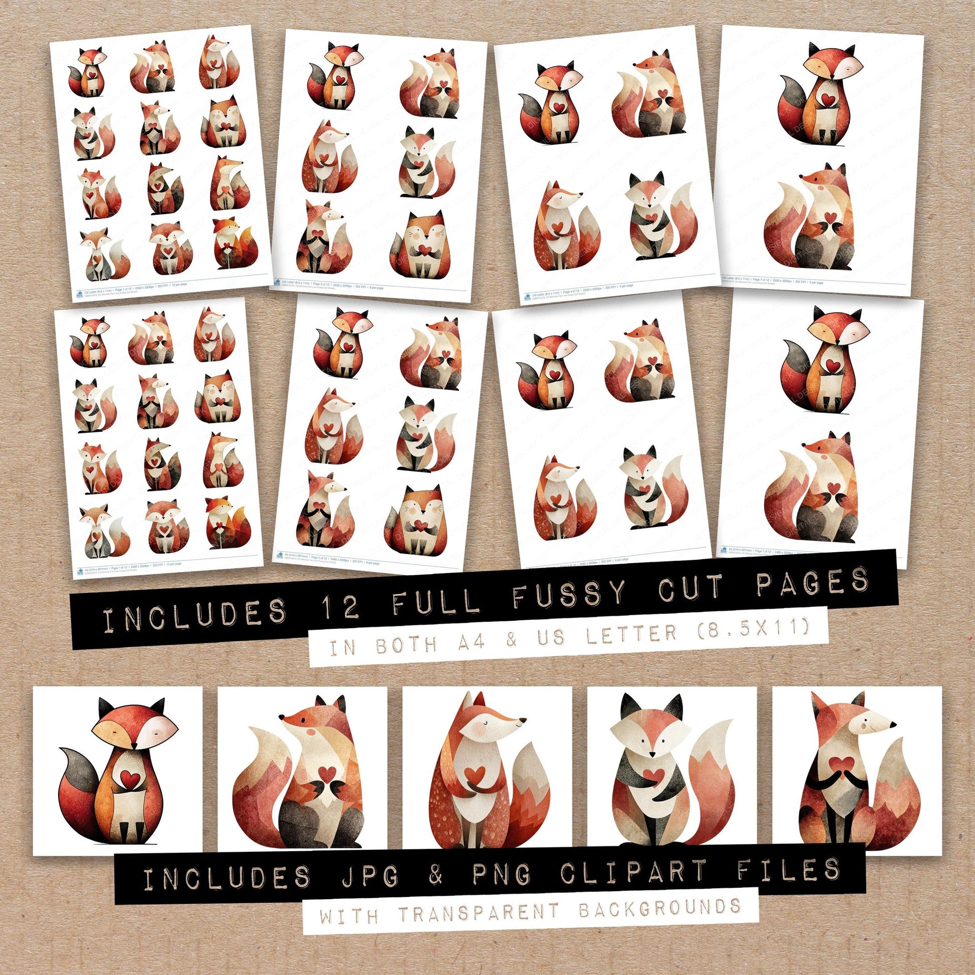 Full collection view of Minimal Fox Love fussy cut sheets with bonus clipart JPG and PNG files