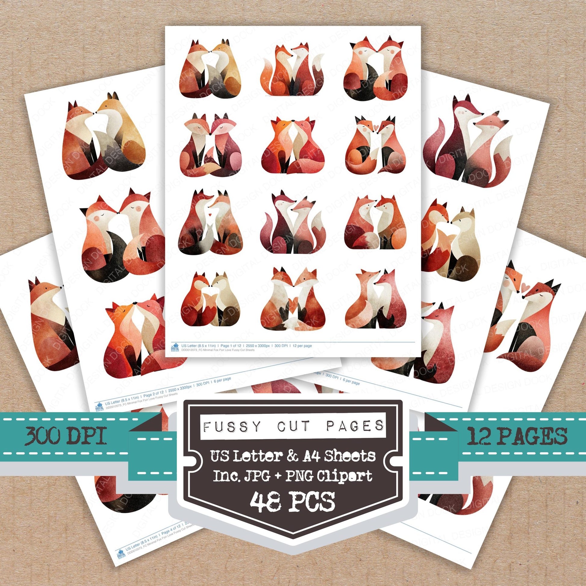 Minimal Fox Pair Love fussy cut printable sheets for junk journaling, scrapbooking, and paper craft projects
