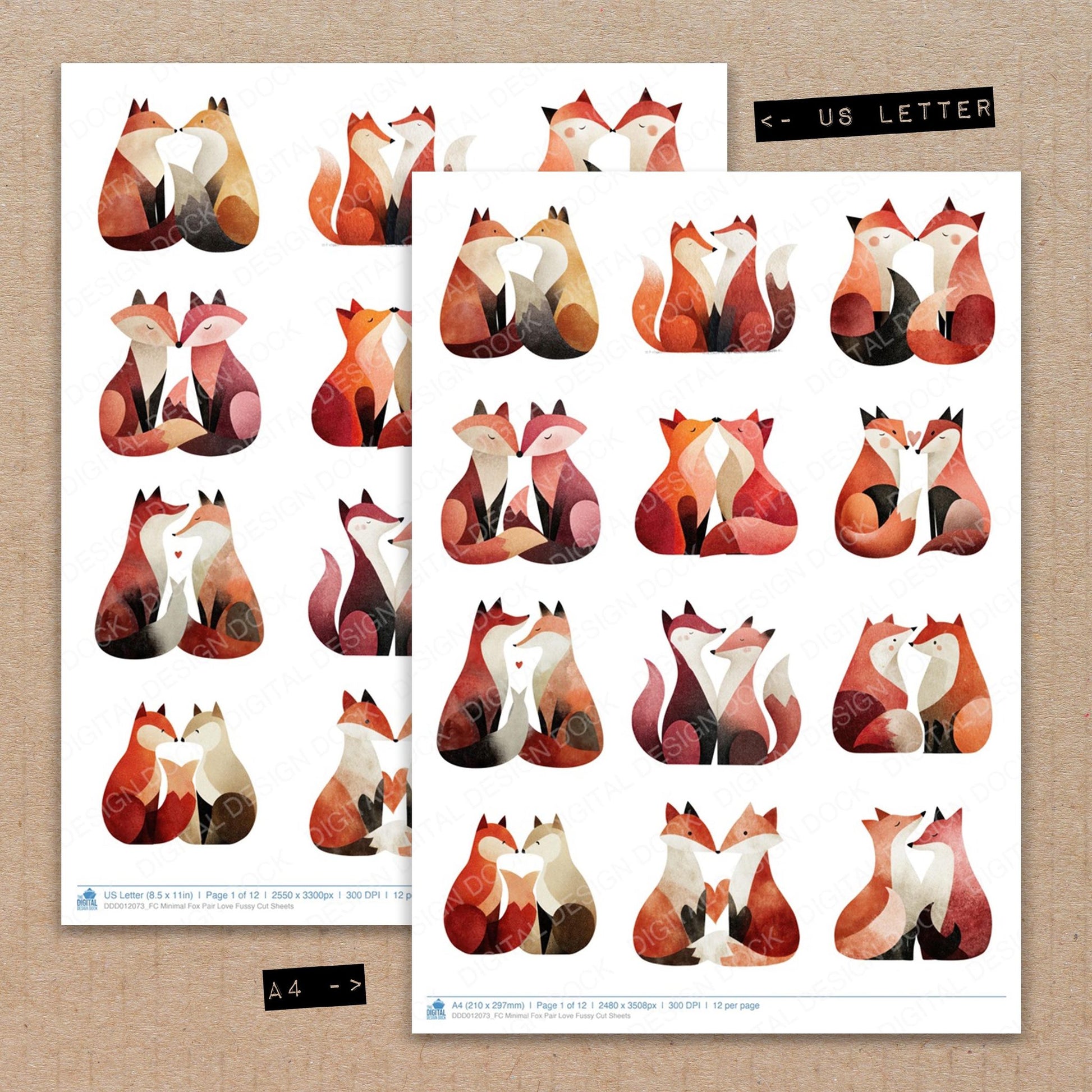 A4 and US Letter format comparison showing Minimal Fox Pair Love fussy cut pages for print and cut crafting