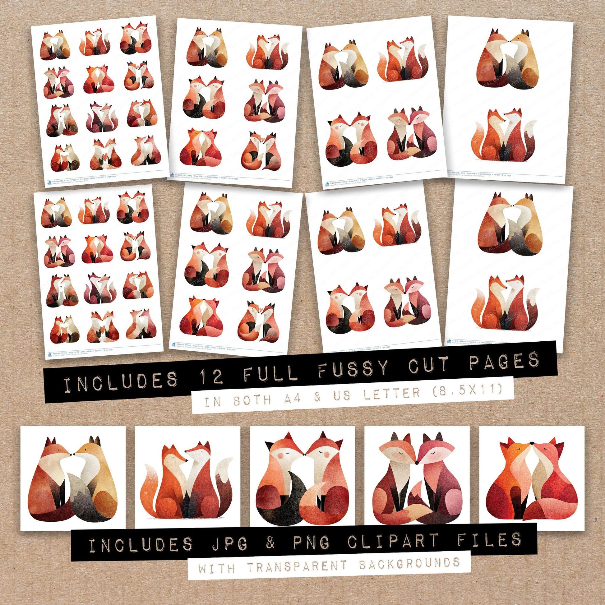 Full collection view of Minimal Fox Pair Love fussy cut sheets with bonus clipart JPG and PNG files