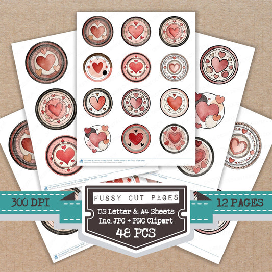 Minimal Heart Circle Emblem fussy cut printable sheets for junk journaling, scrapbooking, and paper craft projects