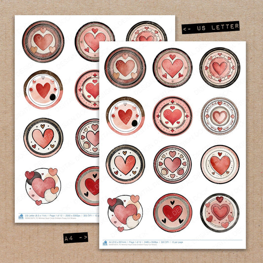 A4 and US Letter format comparison showing Minimal Heart Circle Emblem fussy cut pages for print and cut crafting