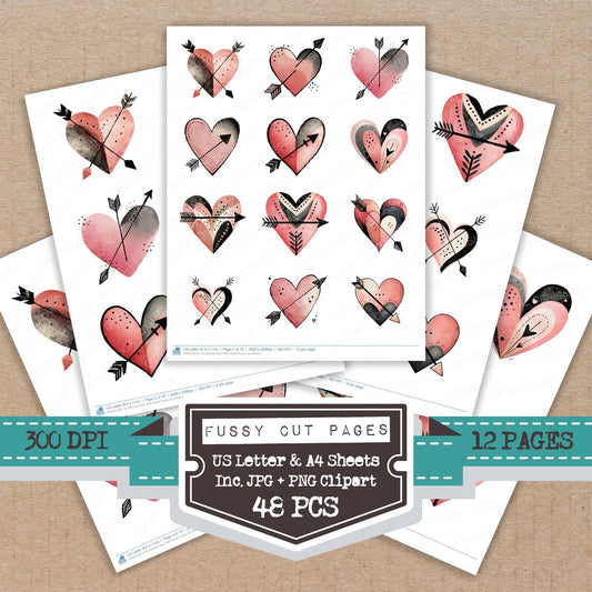 Minimal Heart With Arrow fussy cut printable sheets for junk journaling, scrapbooking, and paper craft projects