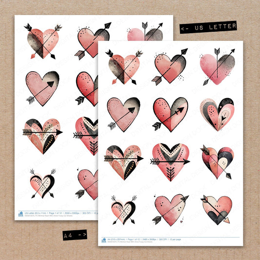 A4 and US Letter format comparison showing Minimal Heart With Arrow fussy cut pages for print and cut crafting