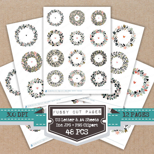 Minimal Heart Wreath Circle fussy cut printable sheets for junk journaling, scrapbooking, and paper craft projects