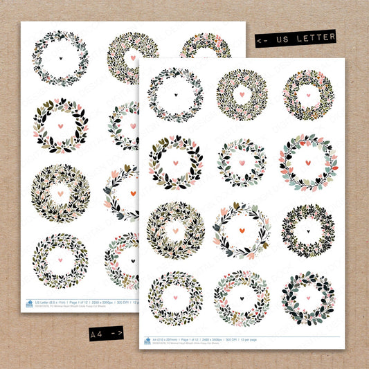 A4 and US Letter format comparison showing Minimal Heart Wreath Circle fussy cut pages for print and cut crafting