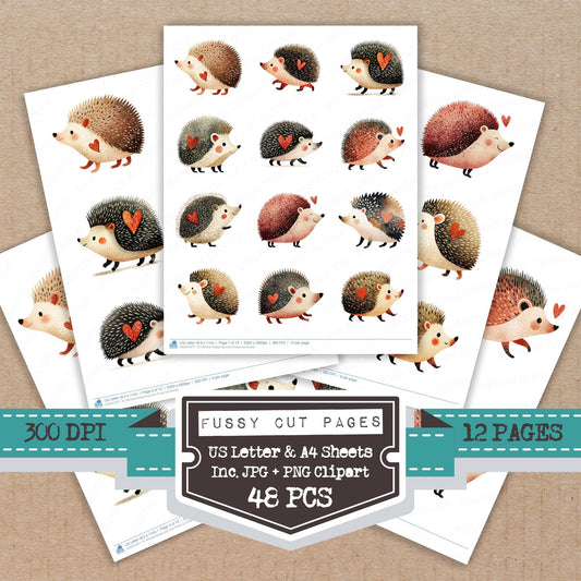 Minimal Hedgehog Love fussy cut printable sheets for junk journaling, scrapbooking, and paper craft projects