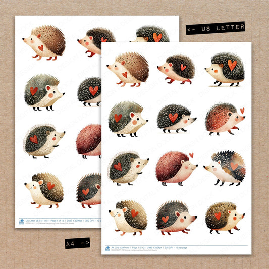 A4 and US Letter format comparison showing Minimal Hedgehog Love fussy cut pages for print and cut crafting