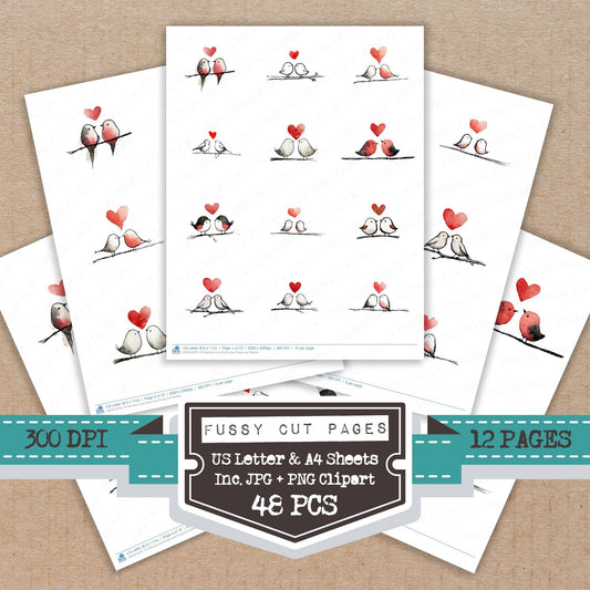 Minimal Line Birds Love fussy cut printable sheets for junk journaling, scrapbooking, and paper craft projects