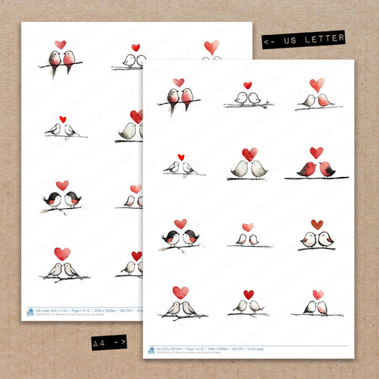 A4 and US Letter format comparison showing Minimal Line Birds Love fussy cut pages for print and cut crafting