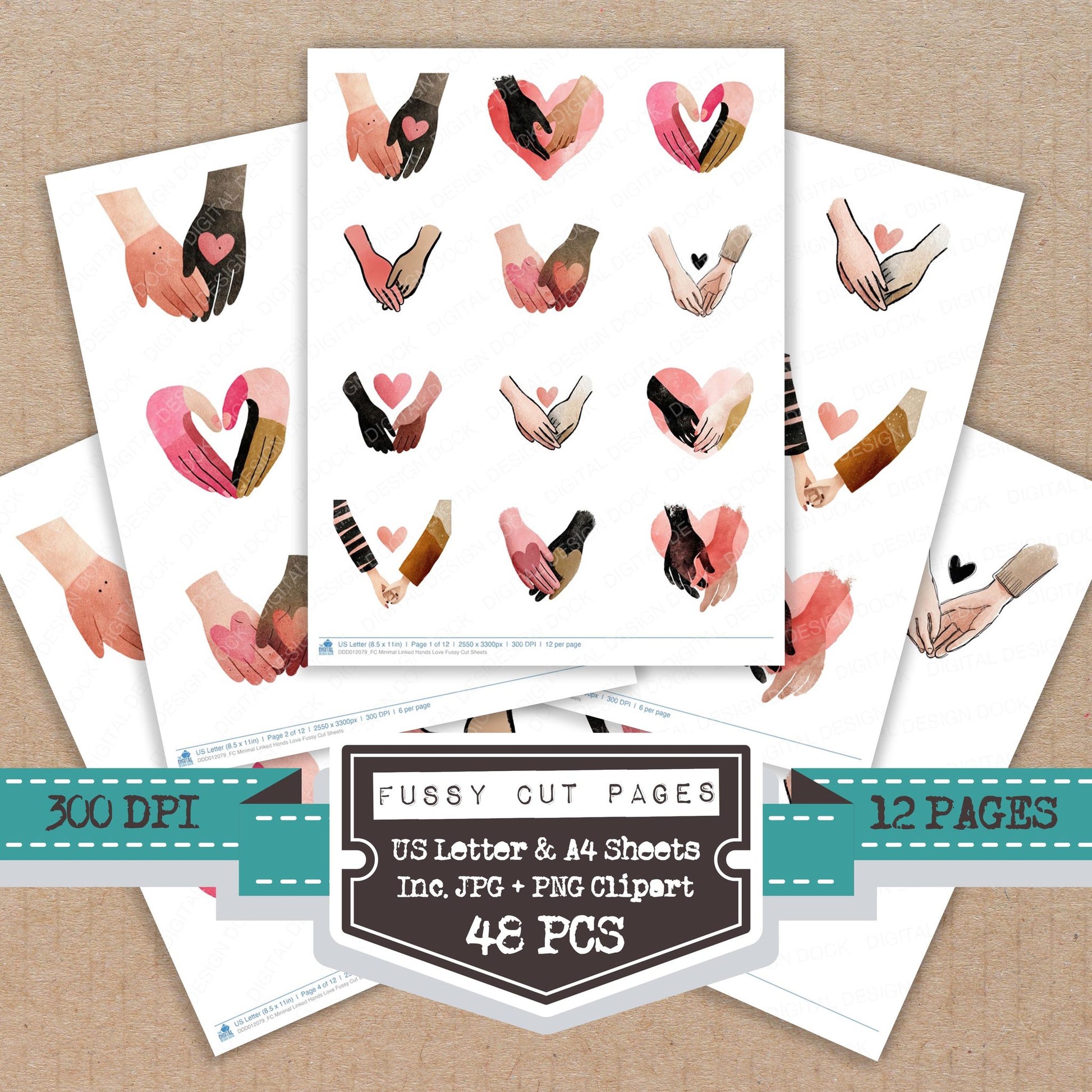Minimal Linked Hands Love fussy cut printable sheets for junk journaling, scrapbooking, and paper craft projects