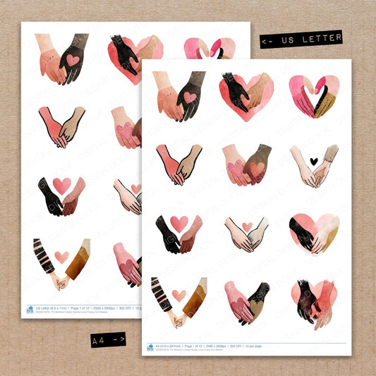 A4 and US Letter format comparison showing Minimal Linked Hands Love fussy cut pages for print and cut crafting