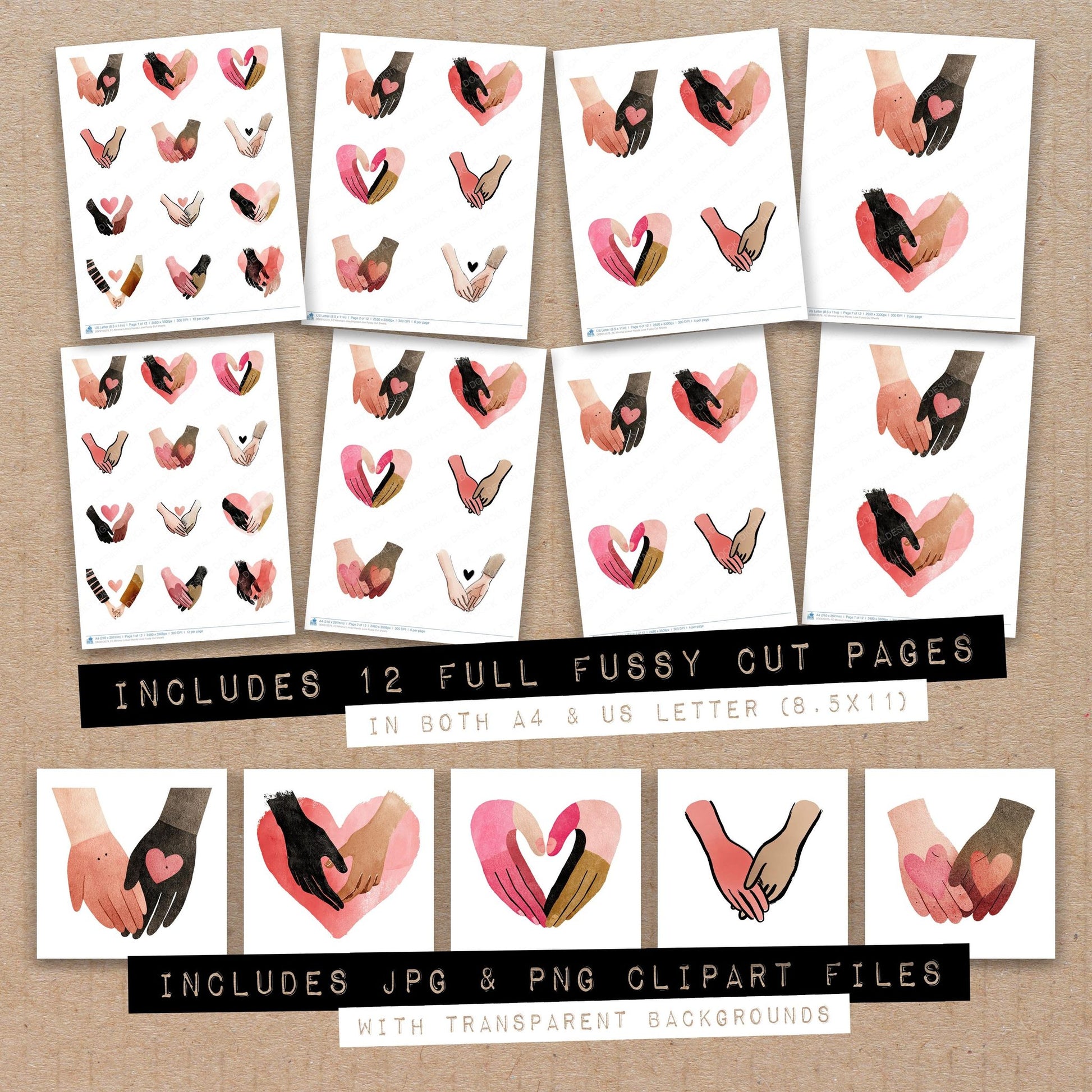Full collection view of Minimal Linked Hands Love fussy cut sheets with bonus clipart JPG and PNG files