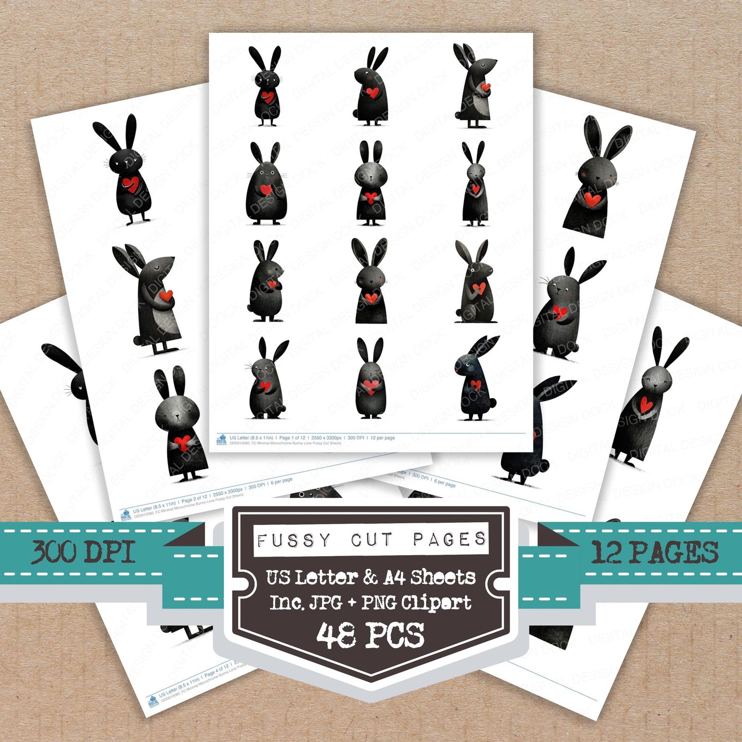 Minimal Monochrome Bunny Love fussy cut printable sheets for junk journaling, scrapbooking, and paper craft projects
