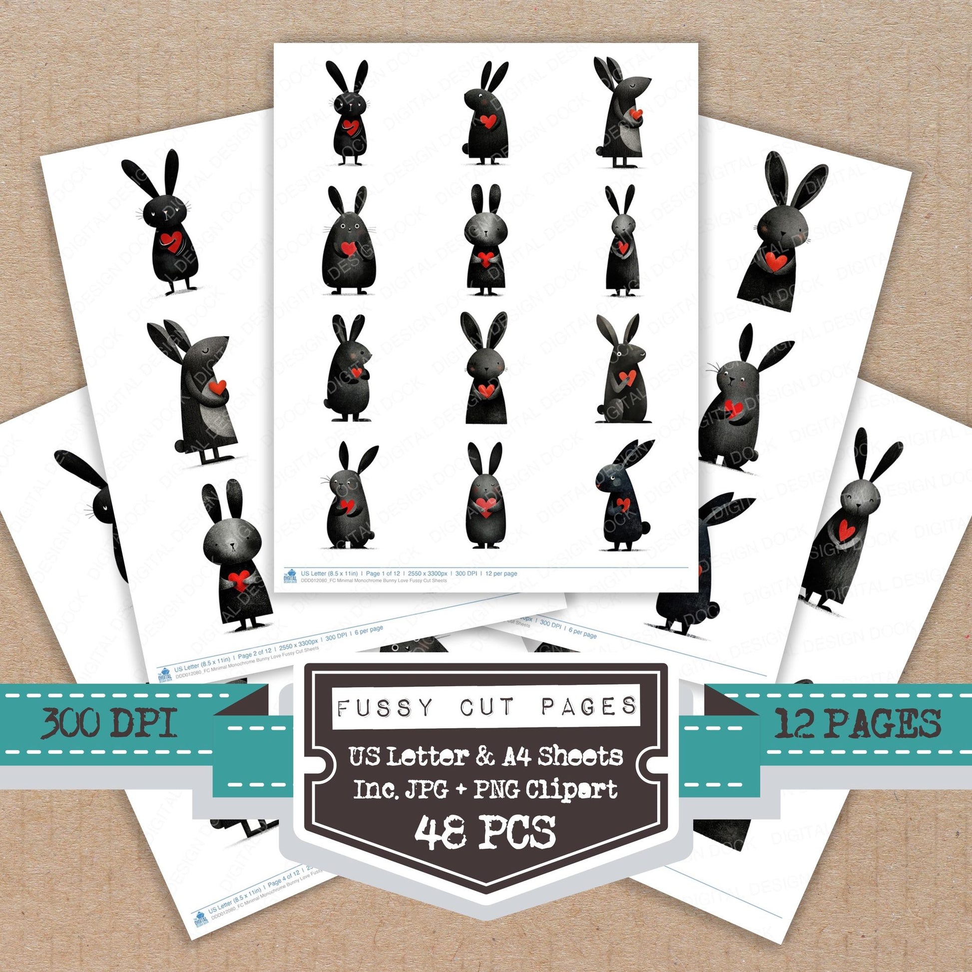 Minimal Monochrome Bunny Love fussy cut printable sheets for junk journaling, scrapbooking, and paper craft projects