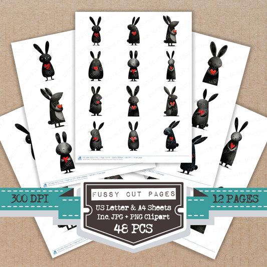 Minimal Monochrome Bunny Love fussy cut printable sheets for junk journaling, scrapbooking, and paper craft projects