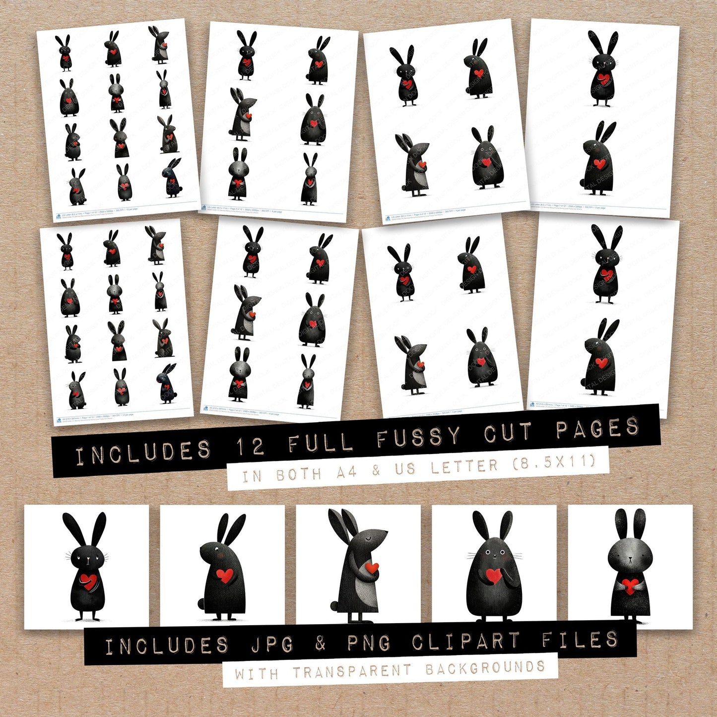 Full collection view of Minimal Monochrome Bunny Love fussy cut sheets with bonus clipart JPG and PNG files