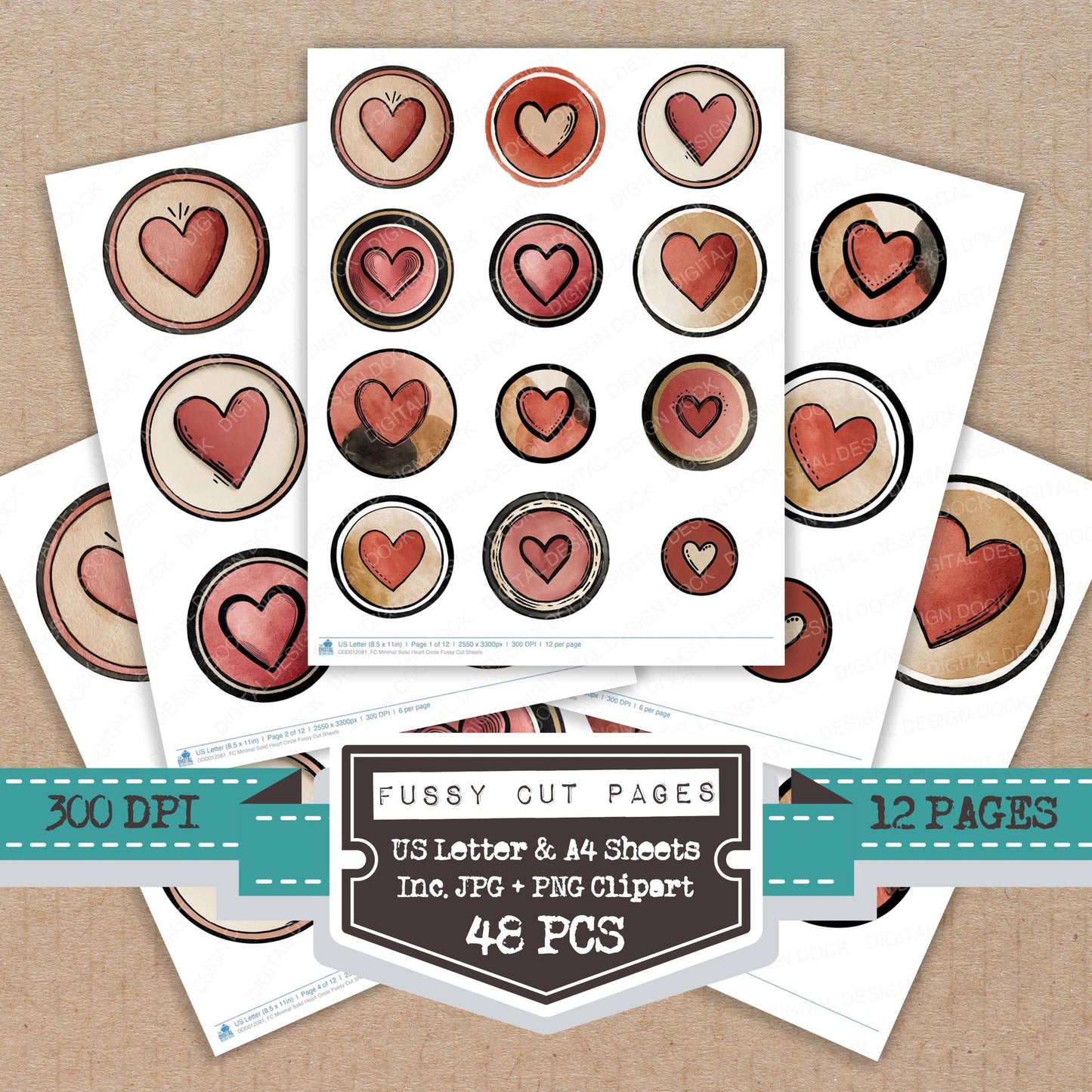 Minimal Solid Heart Circle fussy cut printable sheets for junk journaling, scrapbooking, and paper craft projects