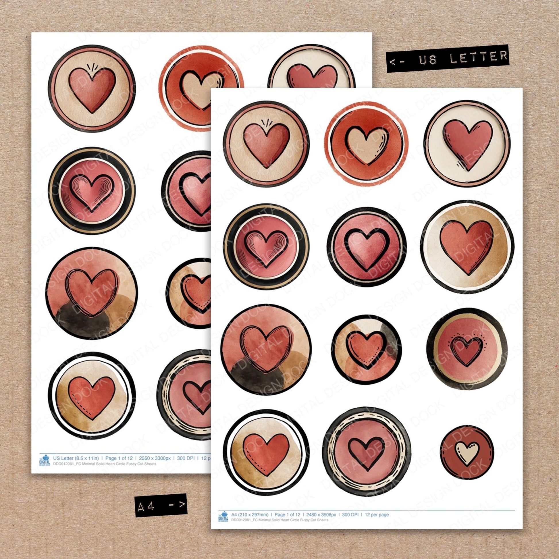 A4 and US Letter format comparison showing Minimal Solid Heart Circle fussy cut pages for print and cut crafting