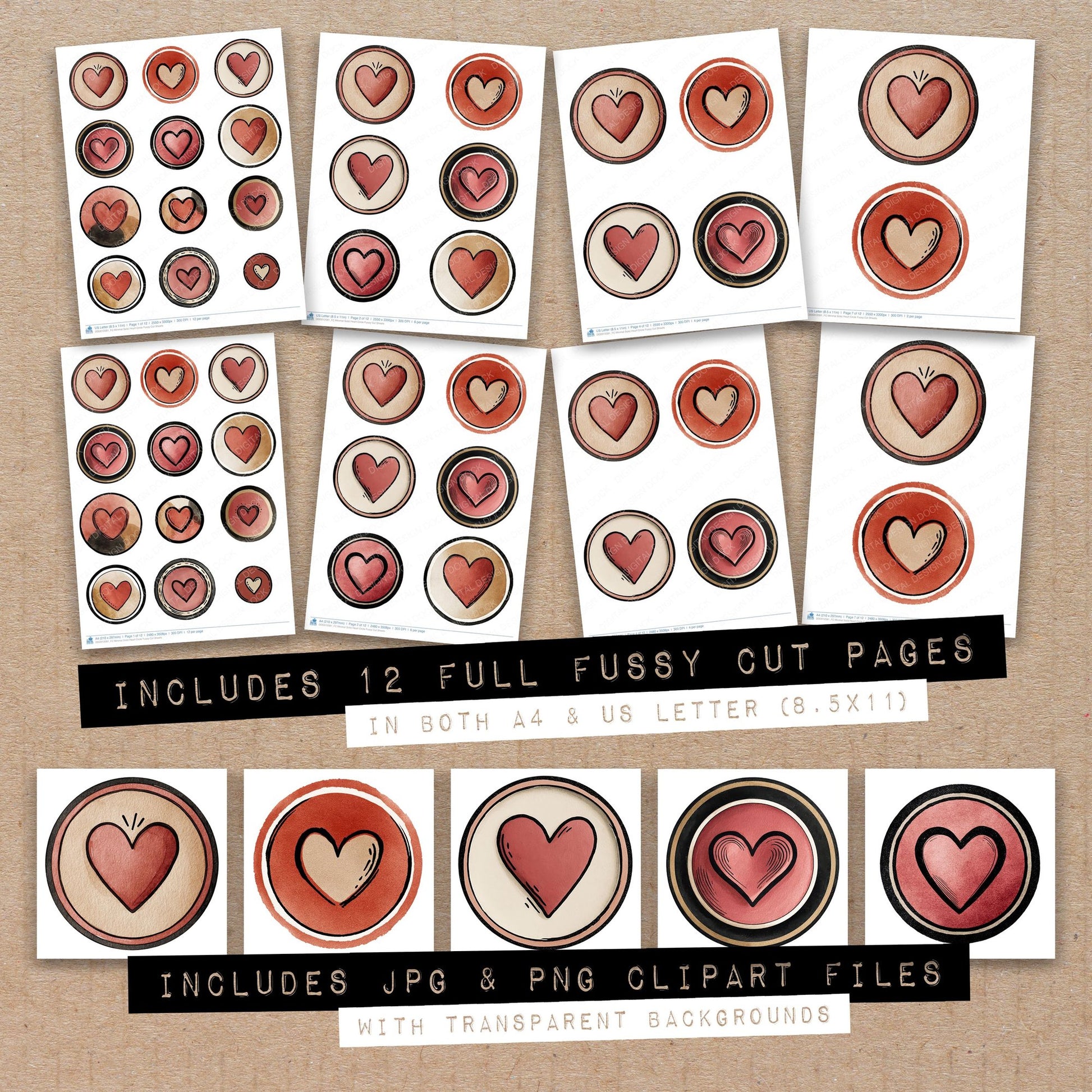 Full collection view of Minimal Solid Heart Circle fussy cut sheets with bonus clipart JPG and PNG files