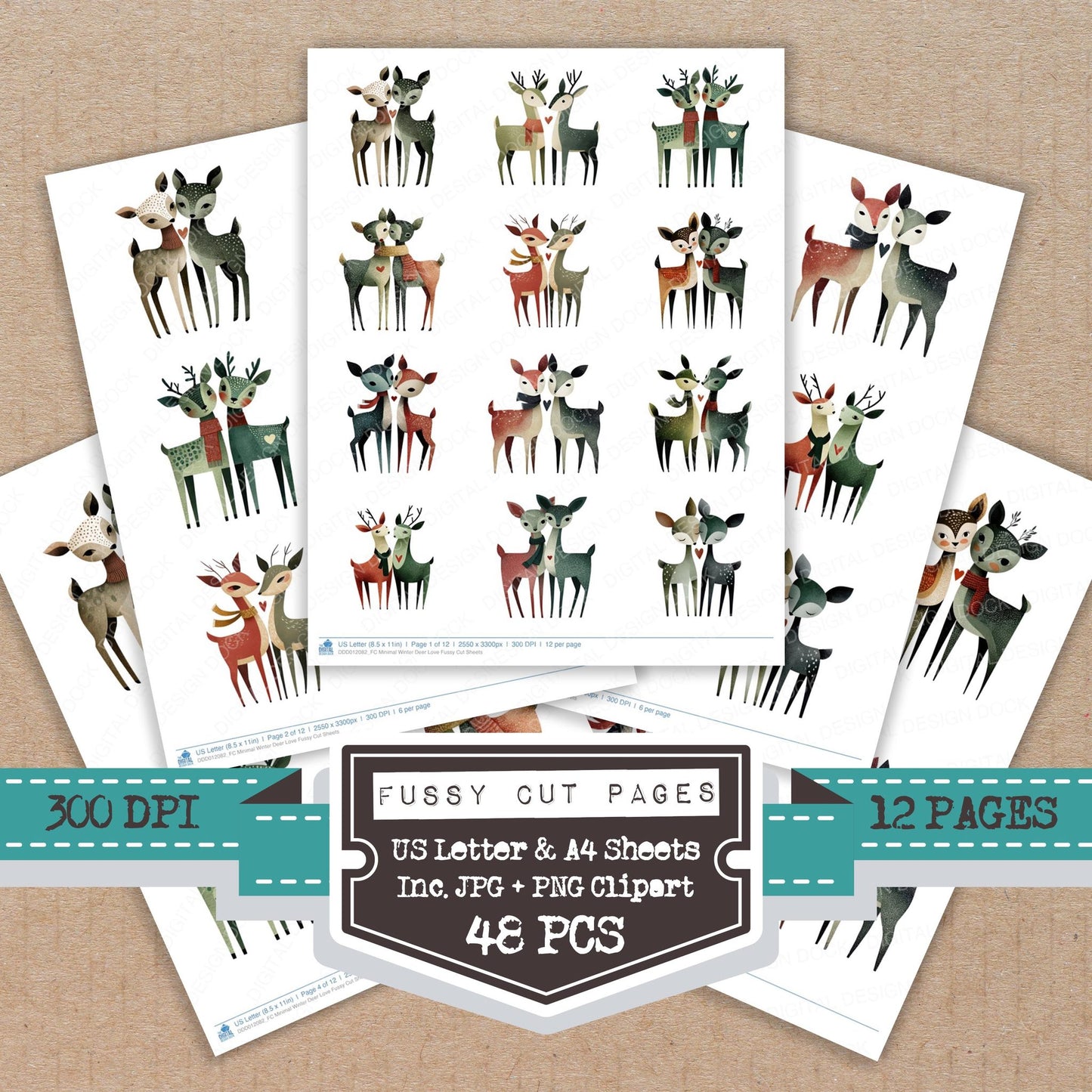 Minimal Winter Deer Love fussy cut printable sheets for junk journaling, scrapbooking, and paper craft projects