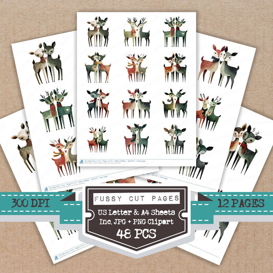 Minimal Winter Deer Love fussy cut printable sheets for junk journaling, scrapbooking, and paper craft projects