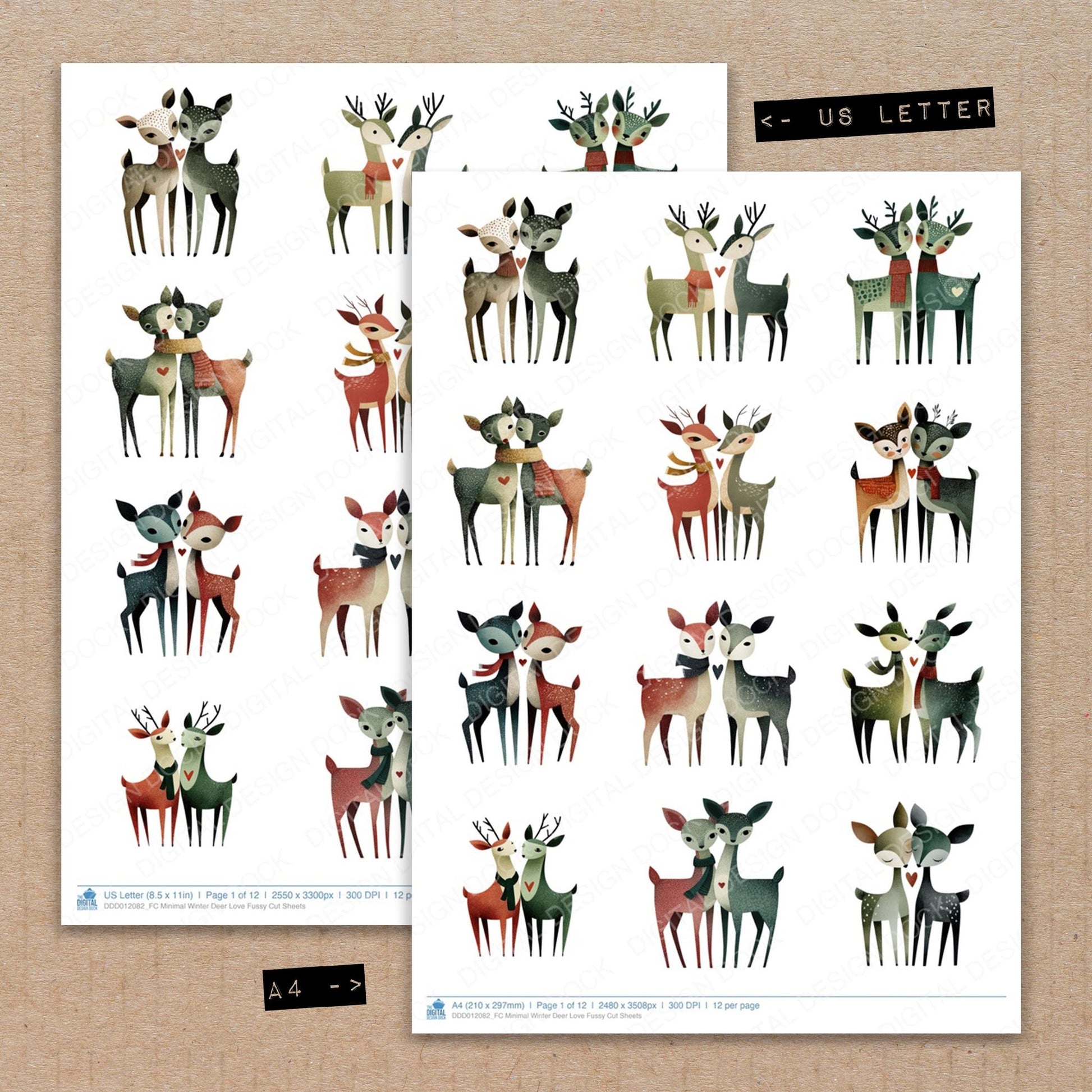 A4 and US Letter format comparison showing Minimal Winter Deer Love fussy cut pages for print and cut crafting