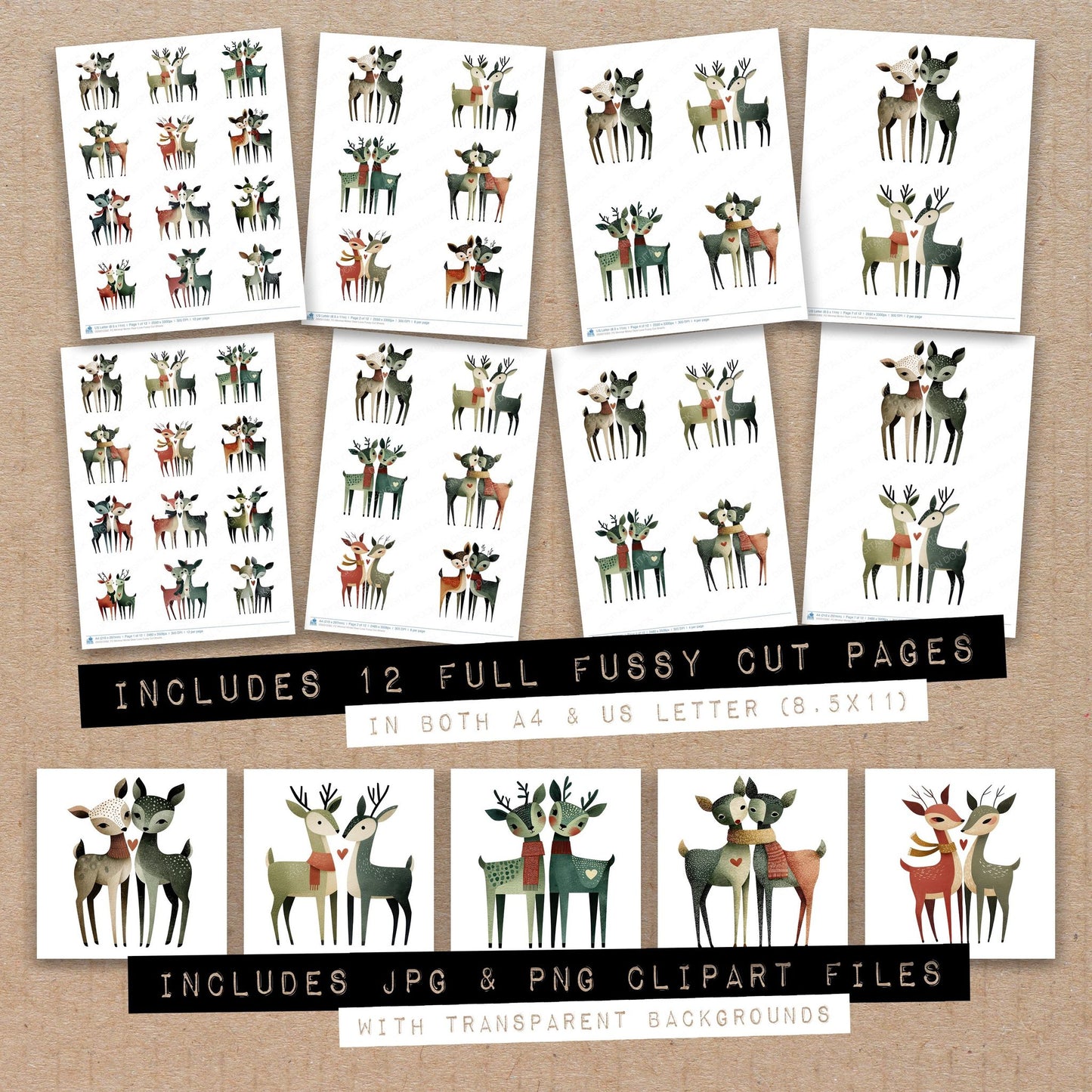 Full collection view of Minimal Winter Deer Love fussy cut sheets with bonus clipart JPG and PNG files