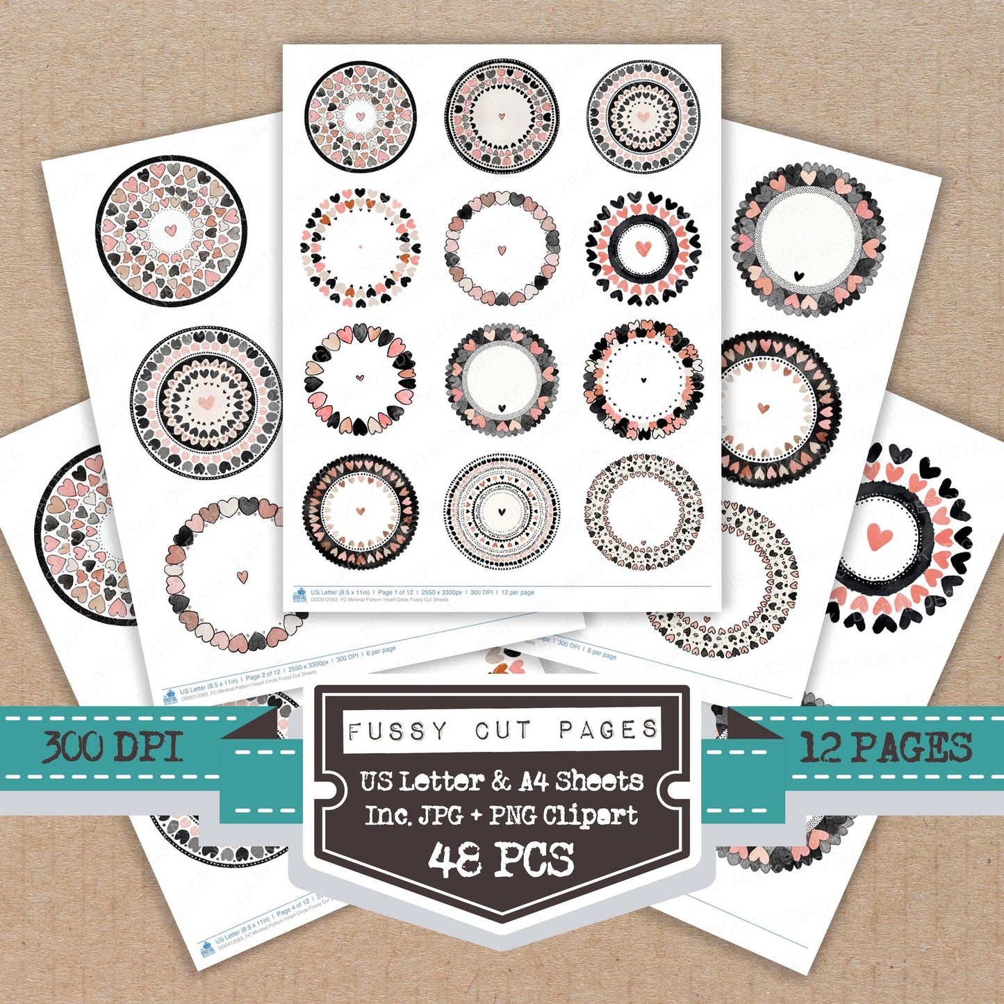Minimal Pattern Heart Circle fussy cut printable sheets for junk journaling, scrapbooking, and paper craft projects