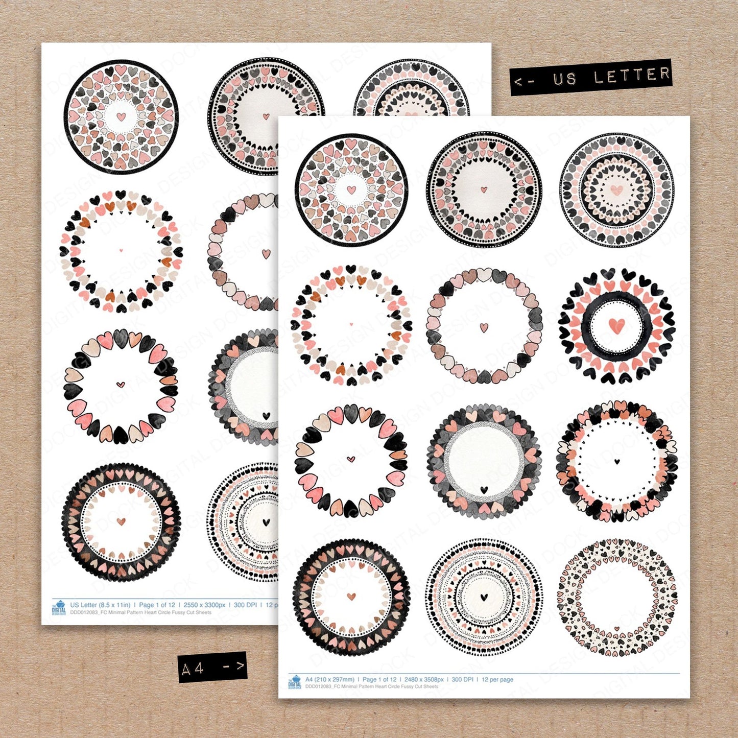 A4 and US Letter format comparison showing Minimal Pattern Heart Circle fussy cut pages for print and cut crafting