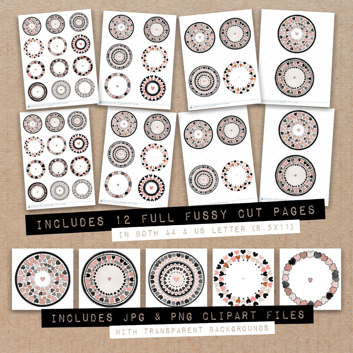 Full collection view of Minimal Pattern Heart Circle fussy cut sheets with bonus clipart JPG and PNG files