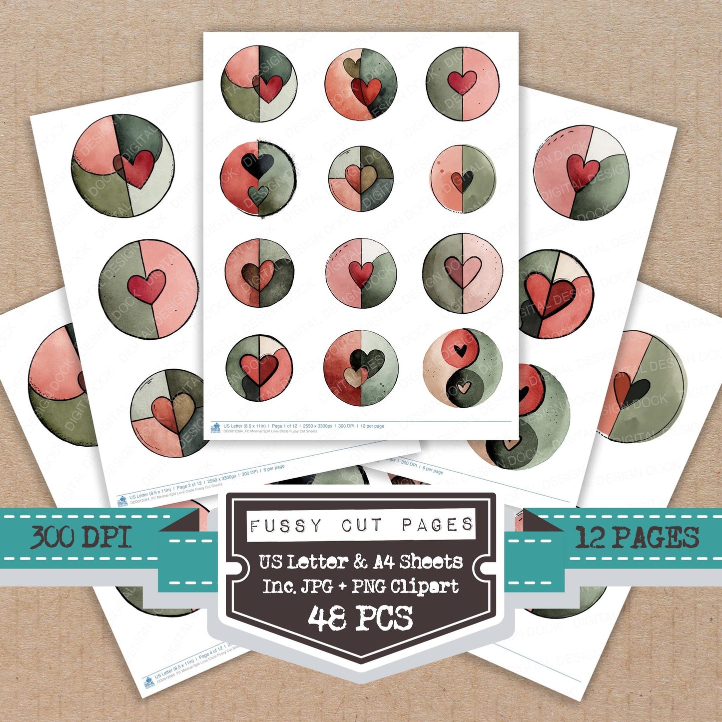 Minimal Split Love Circle fussy cut printable sheets for junk journaling, scrapbooking, and paper craft projects