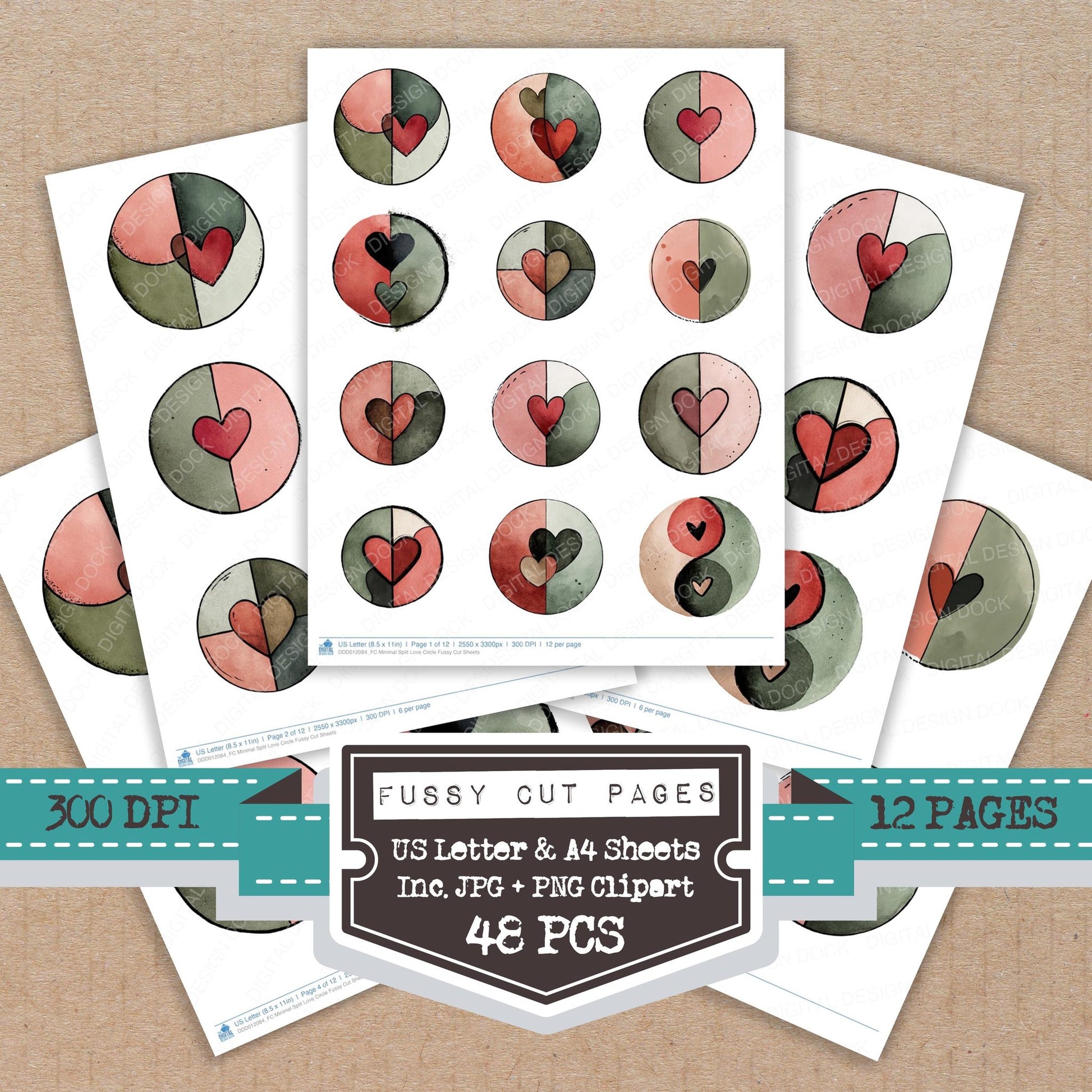 Minimal Split Love Circle fussy cut printable sheets for junk journaling, scrapbooking, and paper craft projects