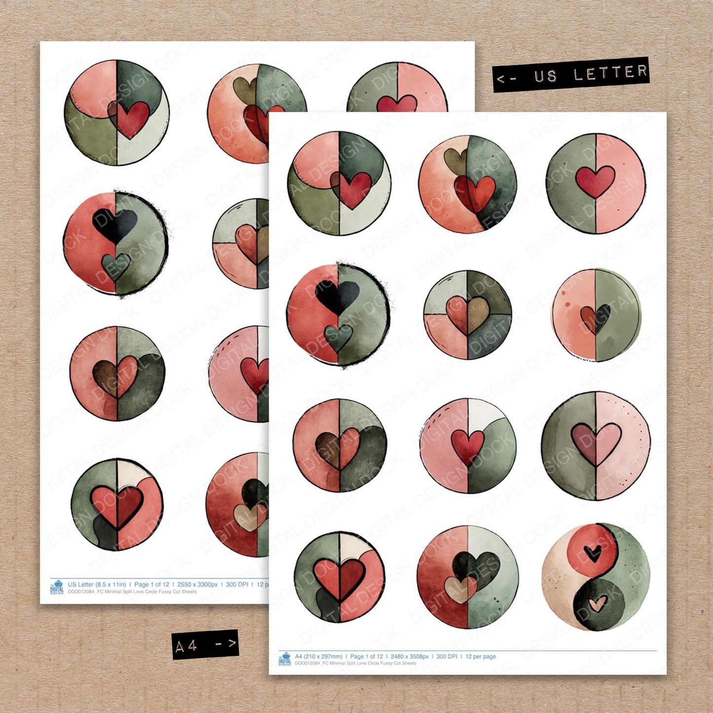 A4 and US Letter format comparison showing Minimal Split Love Circle fussy cut pages for print and cut crafting