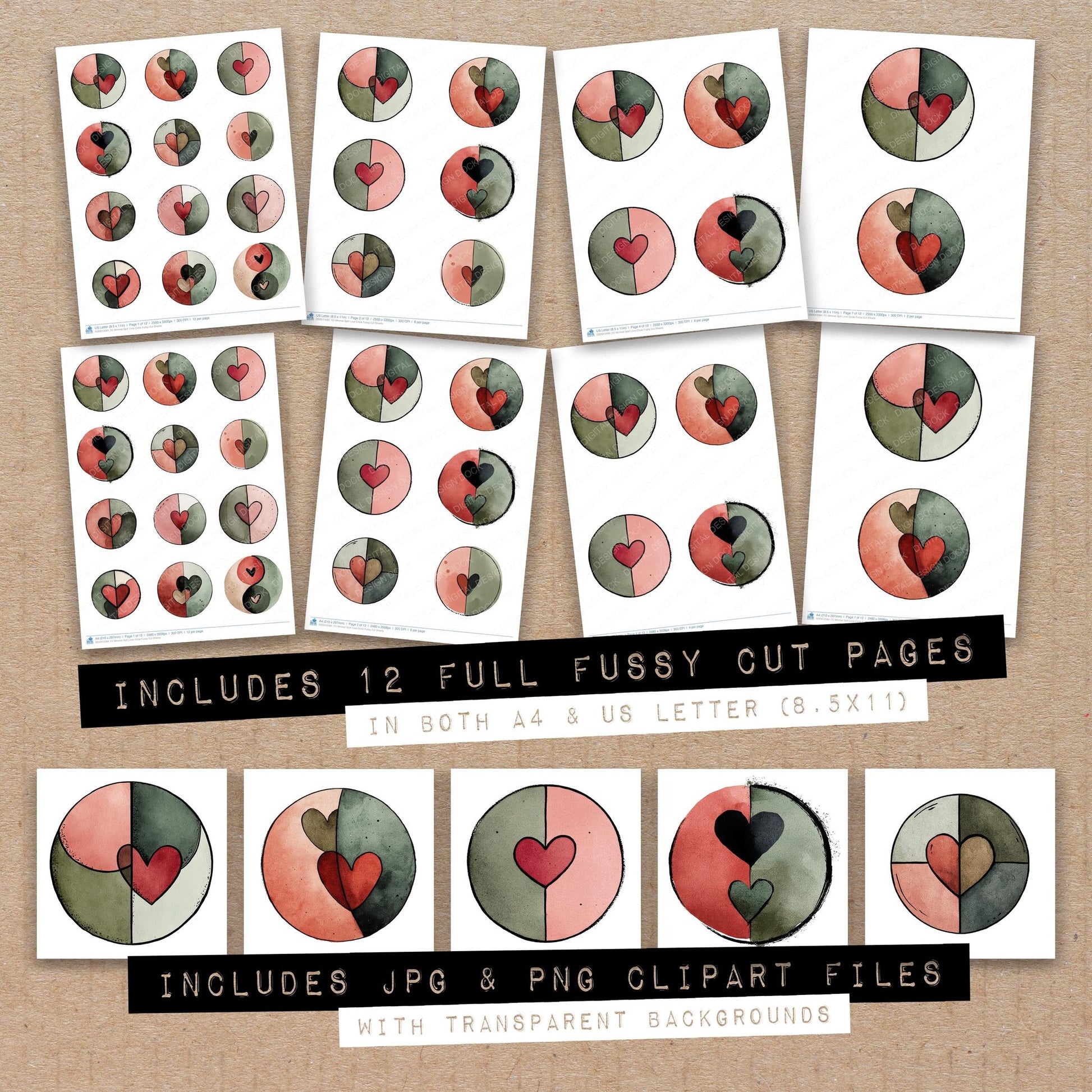 Full collection view of Minimal Split Love Circle fussy cut sheets with bonus clipart JPG and PNG files