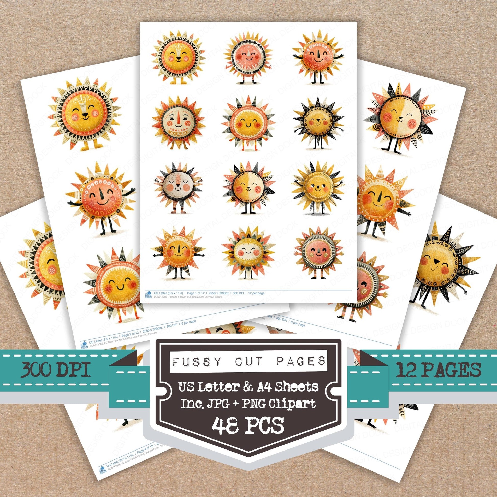Cute Folk Art Sun Character fussy cut printable sheets for junk journaling, scrapbooking, and paper craft projects