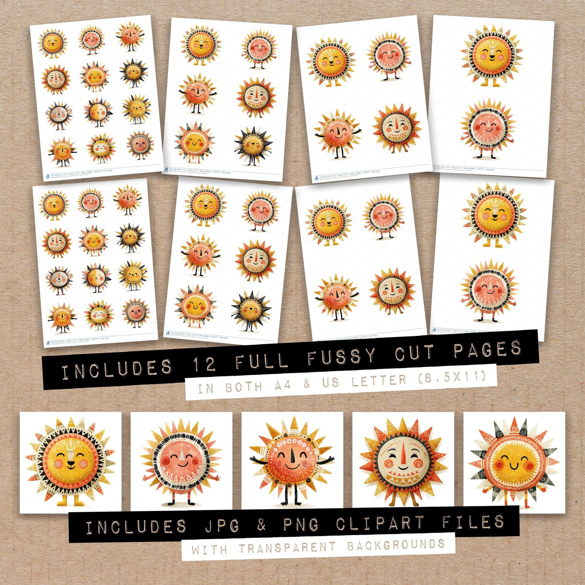 Full collection view of Cute Folk Art Sun Character fussy cut sheets with bonus clipart JPG and PNG files