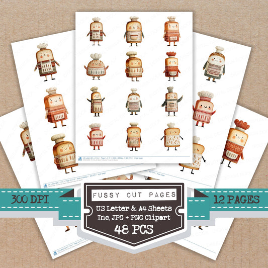Folk Art Baker Character fussy cut printable sheets for junk journaling, scrapbooking, and paper craft projects
