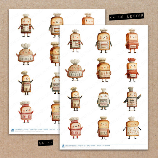 A4 and US Letter format comparison showing Folk Art Baker Character fussy cut pages for print and cut crafting