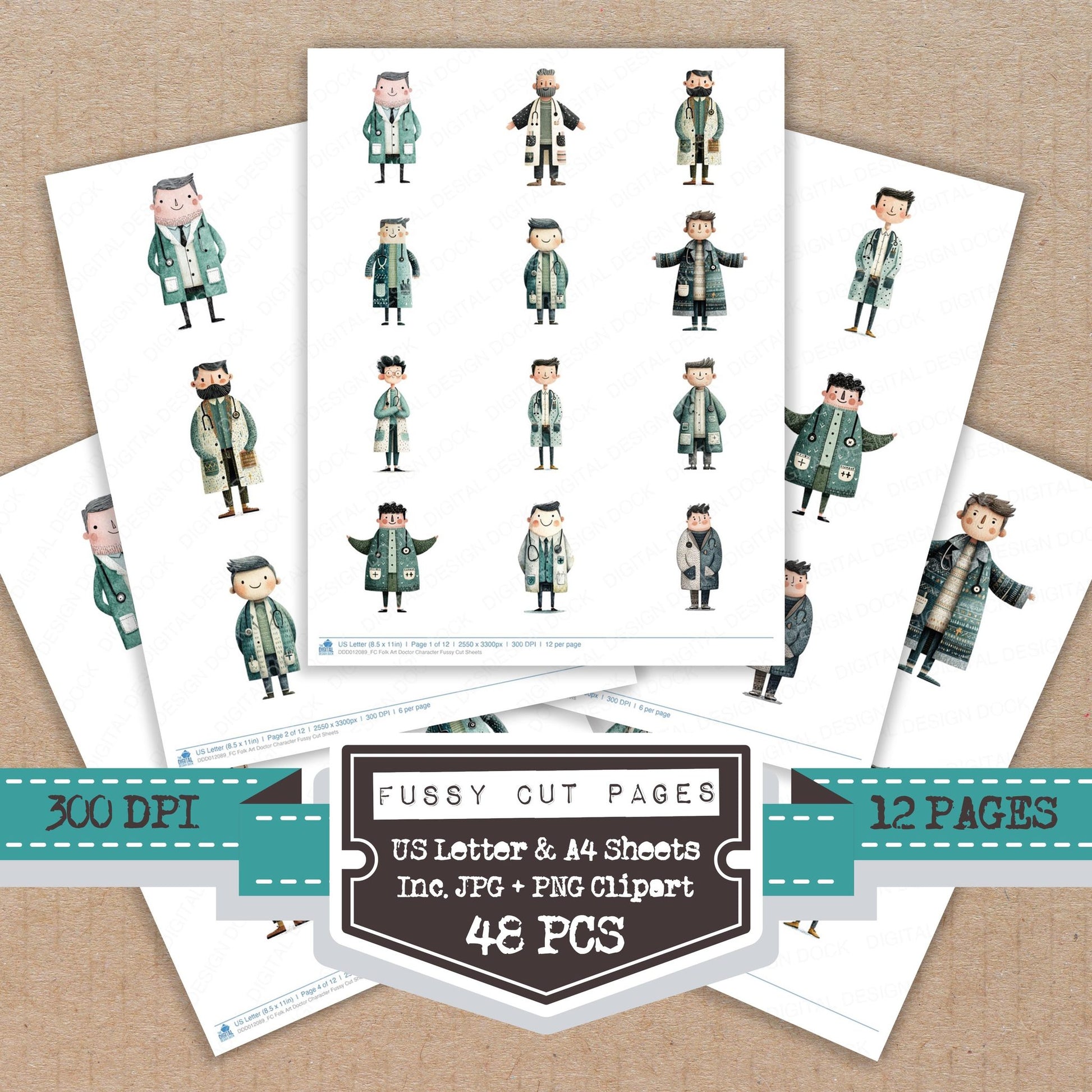 Folk Art Doctor Character fussy cut printable sheets for junk journaling, scrapbooking, and paper craft projects