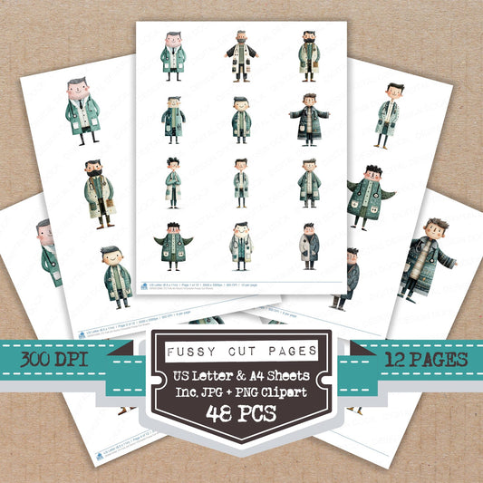 Folk Art Doctor Character fussy cut printable sheets for junk journaling, scrapbooking, and paper craft projects