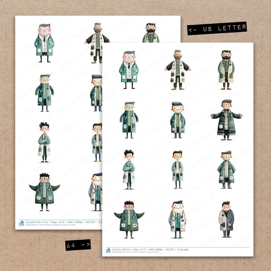 A4 and US Letter format comparison showing Folk Art Doctor Character fussy cut pages for print and cut crafting