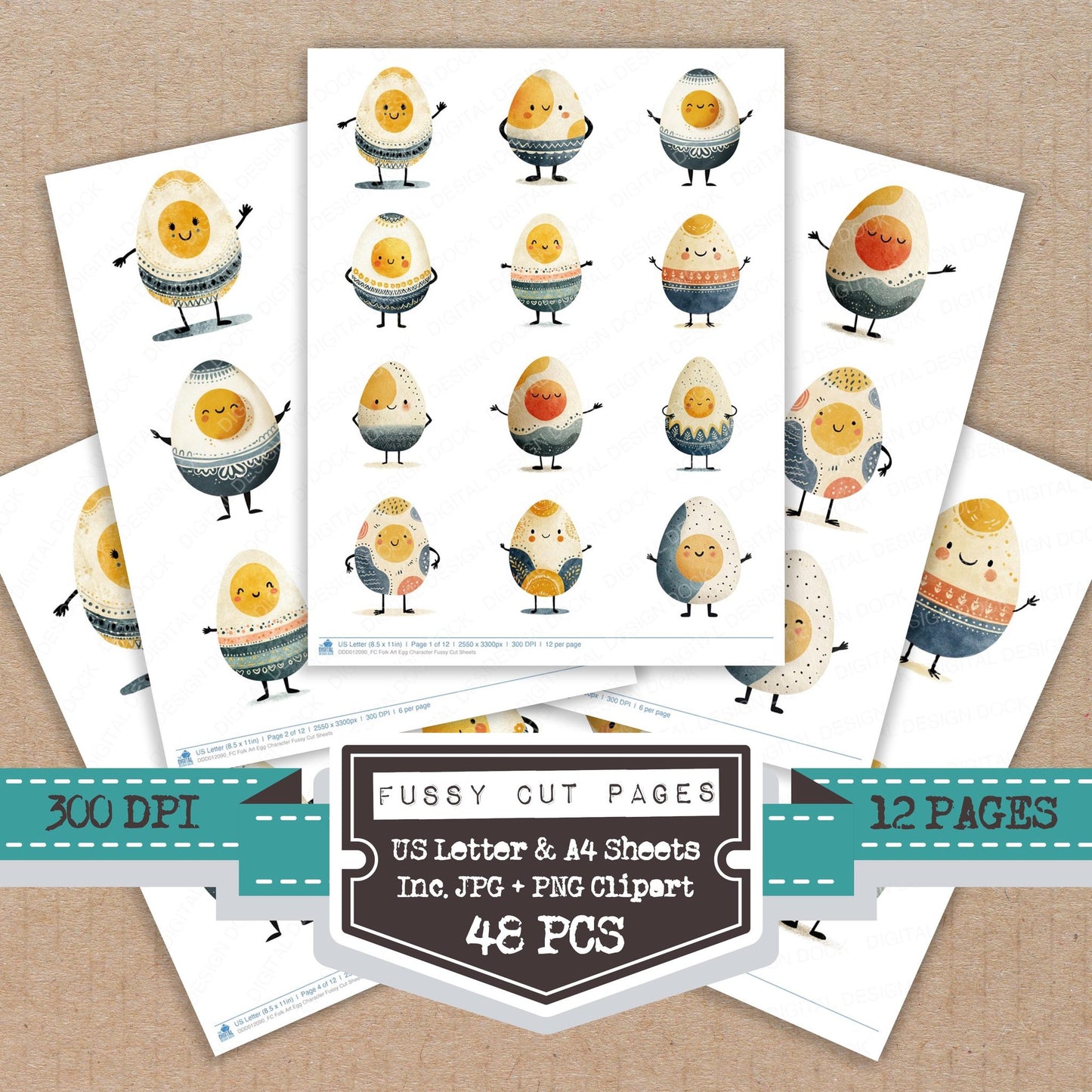 Folk Art Egg Character fussy cut printable sheets for junk journaling, scrapbooking, and paper craft projects