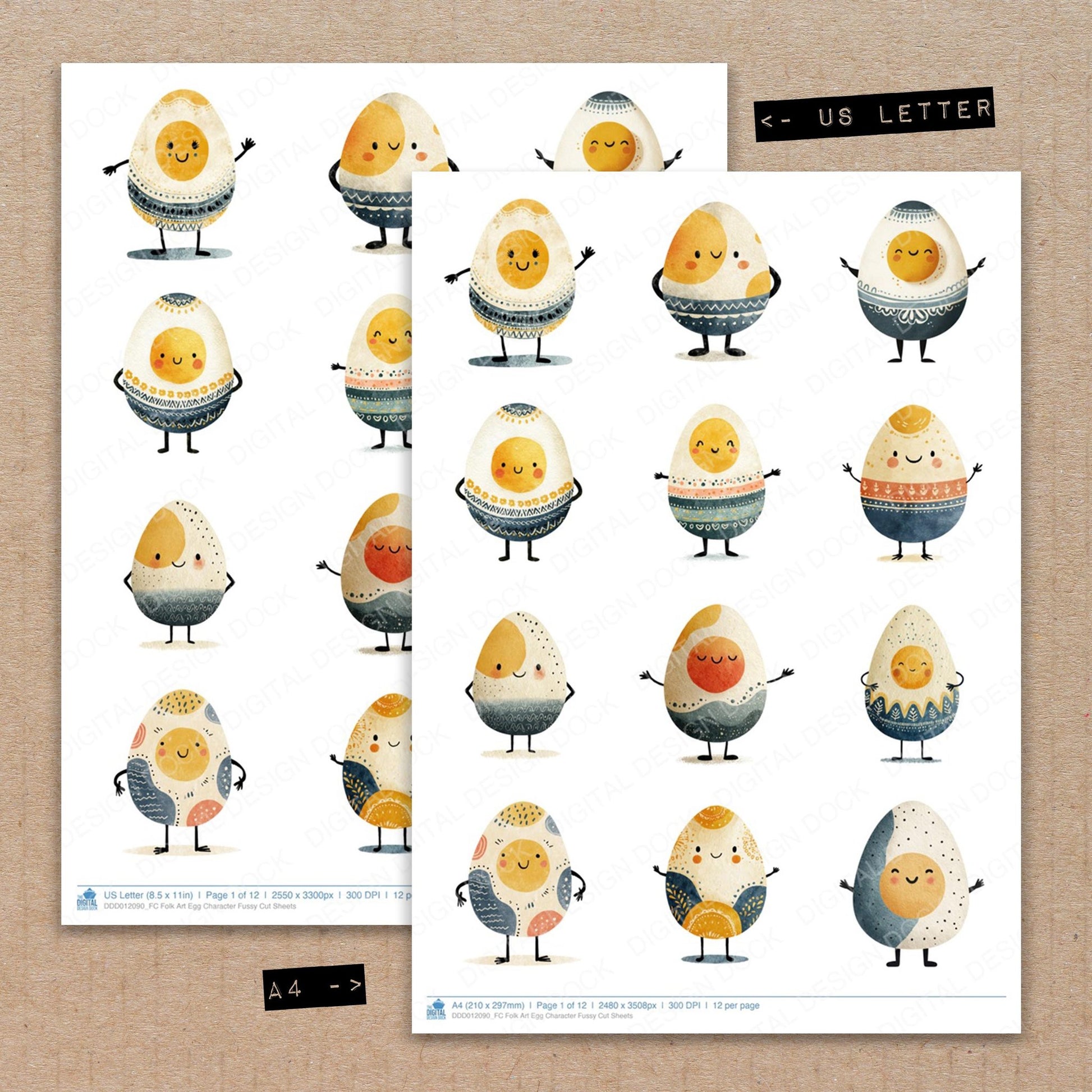 A4 and US Letter format comparison showing Folk Art Egg Character fussy cut pages for print and cut crafting