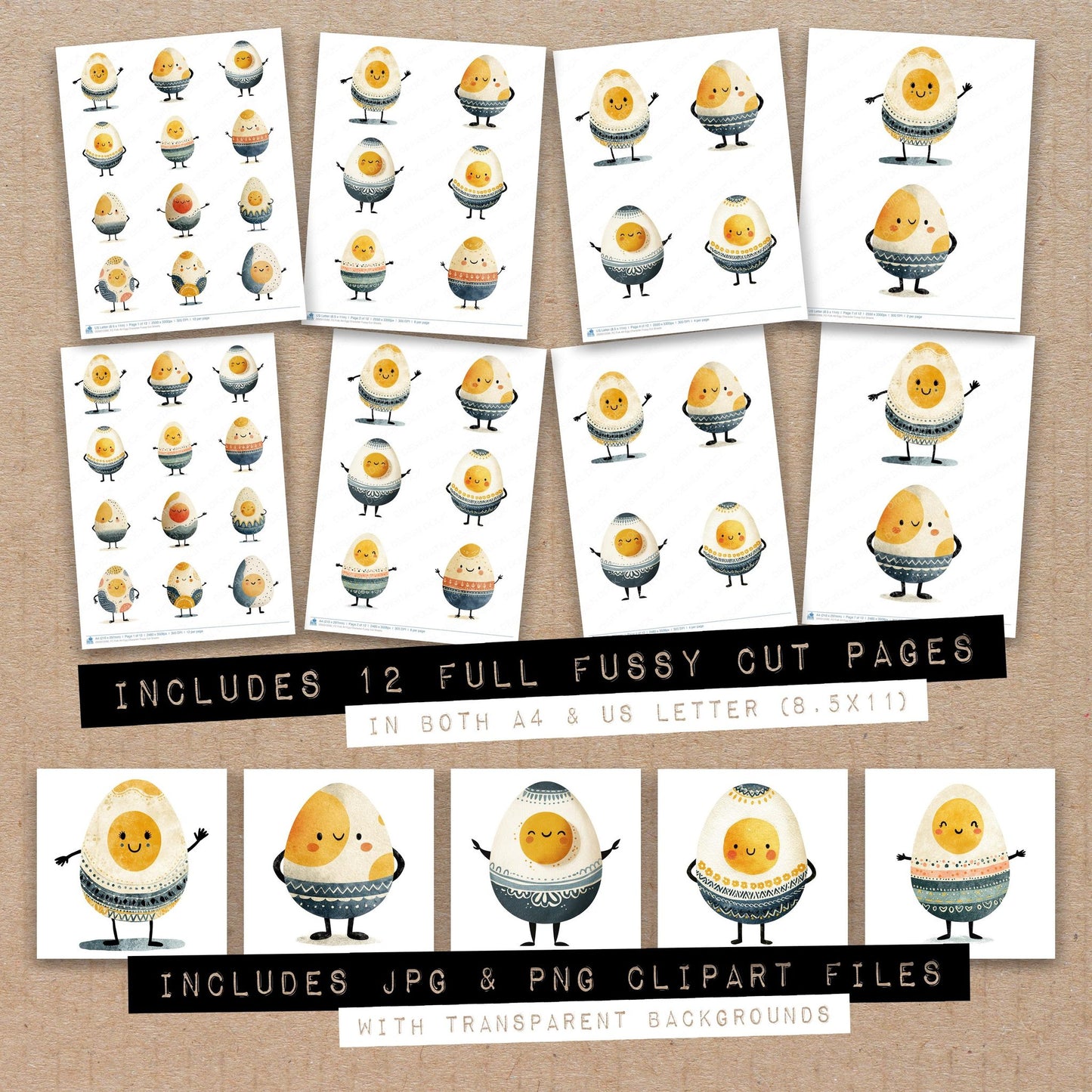 Full collection view of Folk Art Egg Character fussy cut sheets with bonus clipart JPG and PNG files