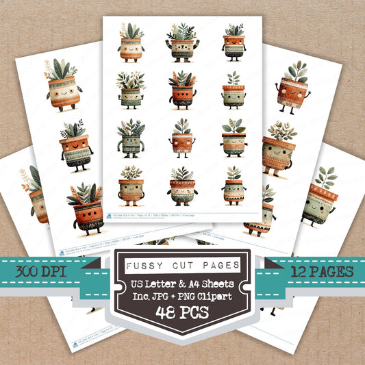 Folk Art Flower Pot Character fussy cut printable sheets for junk journaling, scrapbooking, and paper craft projects