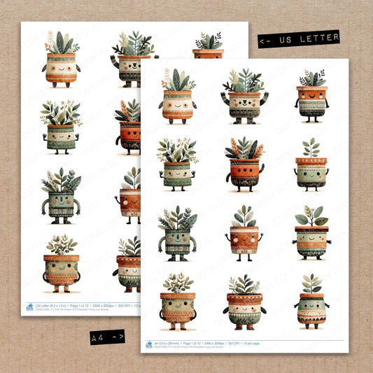 A4 and US Letter format comparison showing Folk Art Flower Pot Character fussy cut pages for print and cut crafting