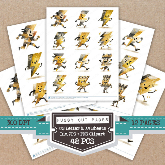 Folk Art Lightning Character fussy cut printable sheets for junk journaling, scrapbooking, and paper craft projects