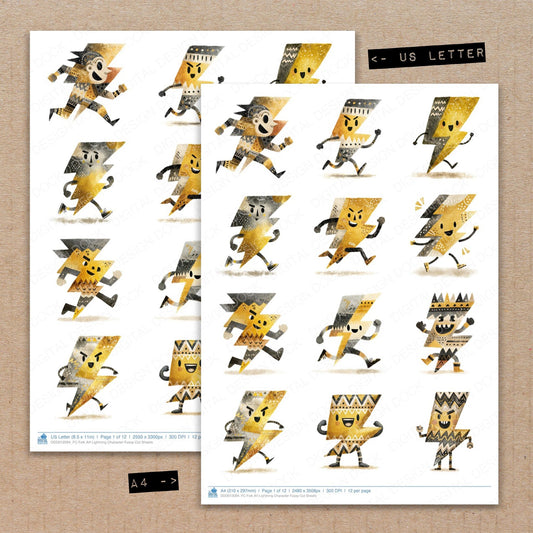 A4 and US Letter format comparison showing Folk Art Lightning Character fussy cut pages for print and cut crafting